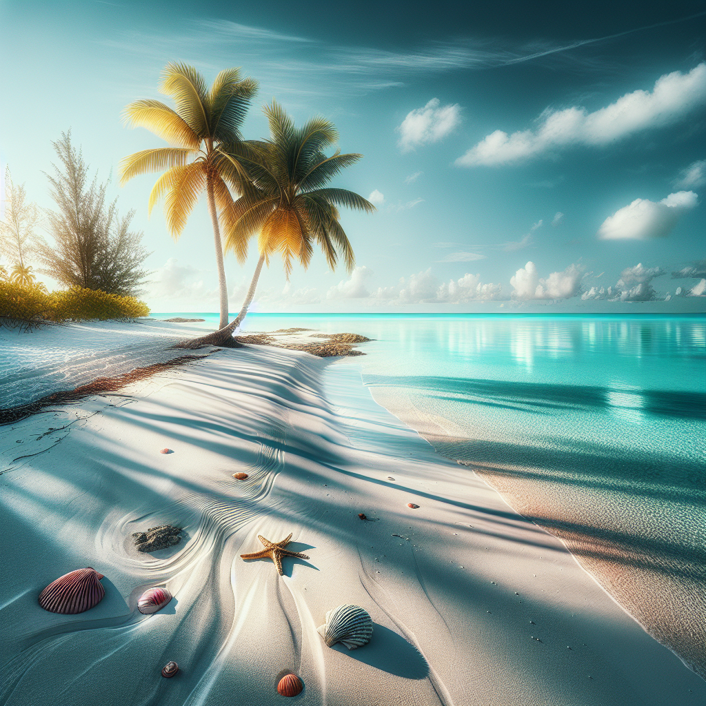 A serene, pristine beach in the Bahamas with white sands, turquoise waters, palm trees, seashells, a starfish, and wispy clouds in a clear sky.