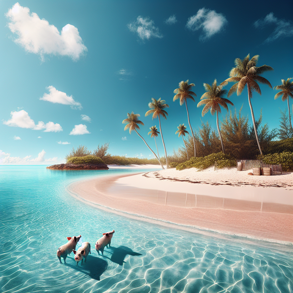 Serene Bahamian beach with white sands, clear waters, swaying palm trees, and swimming pigs, capturing a tranquil paradise setting.