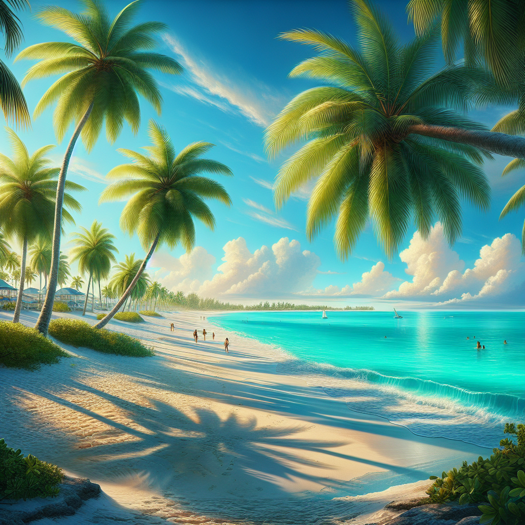 Serene Nassau beach scene at Cable Beach with turquoise water, white sand, palm trees, and distant travelers enjoying the tropical November climate.