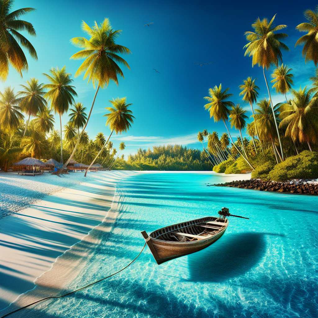 Serene landscape image of Nassau's Cable Beach in November, highlighting the white sands, turquoise ocean, palm trees, and a traditional wooden boat, with clear skies and warm afternoon lighting.
