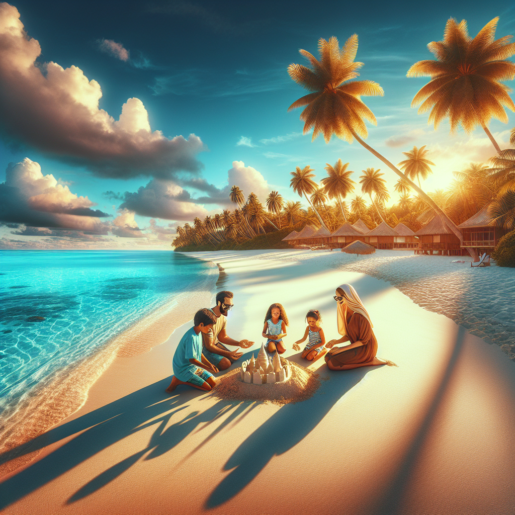 A scenic view of Nassau beach in November with a family building a sandcastle against a backdrop of a gentle sunset, with soft golden lighting and the watermark of 'Godel Transportation and Tours'.