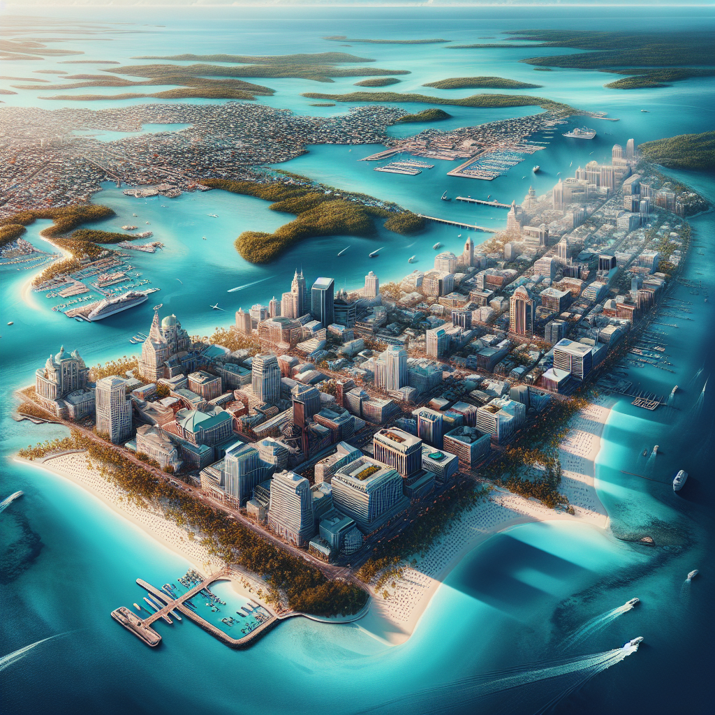 Aerial view of Nassau, Bahamas demonstrating city layout, beaches, and landmarks.