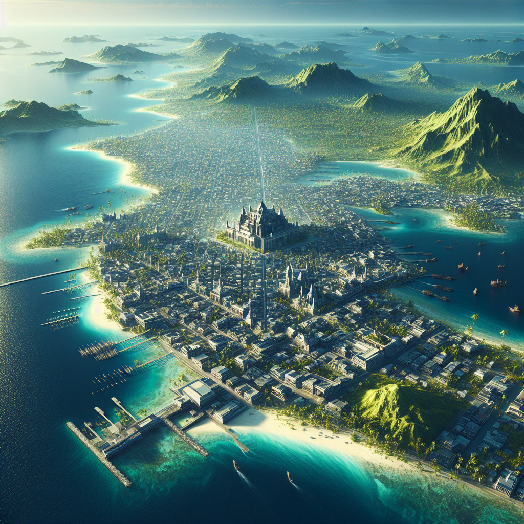 A realistic aerial view of Nassau, Bahamas, showcasing its lush greenery, blue waters, and urban landscape.