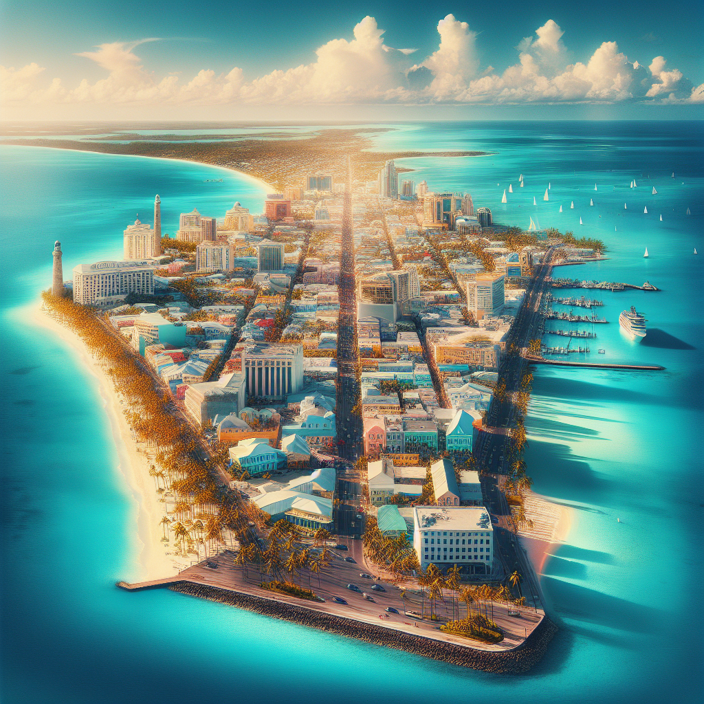 A realistic image of Nassau, Bahamas, showcasing its geographical size, beaches, historical landmarks, and vibrant marketplaces.