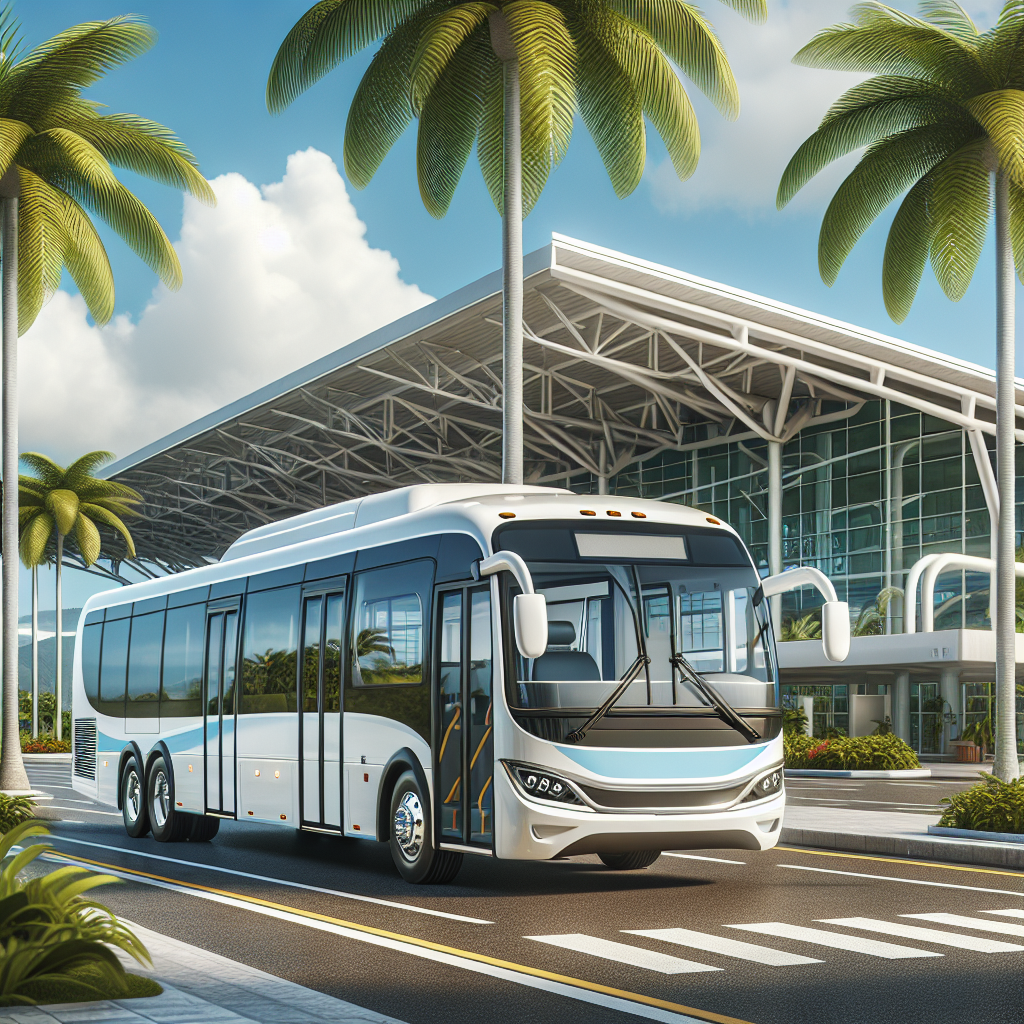 A realistic depiction of a Nassau Airport shuttle bus in front of the terminal.