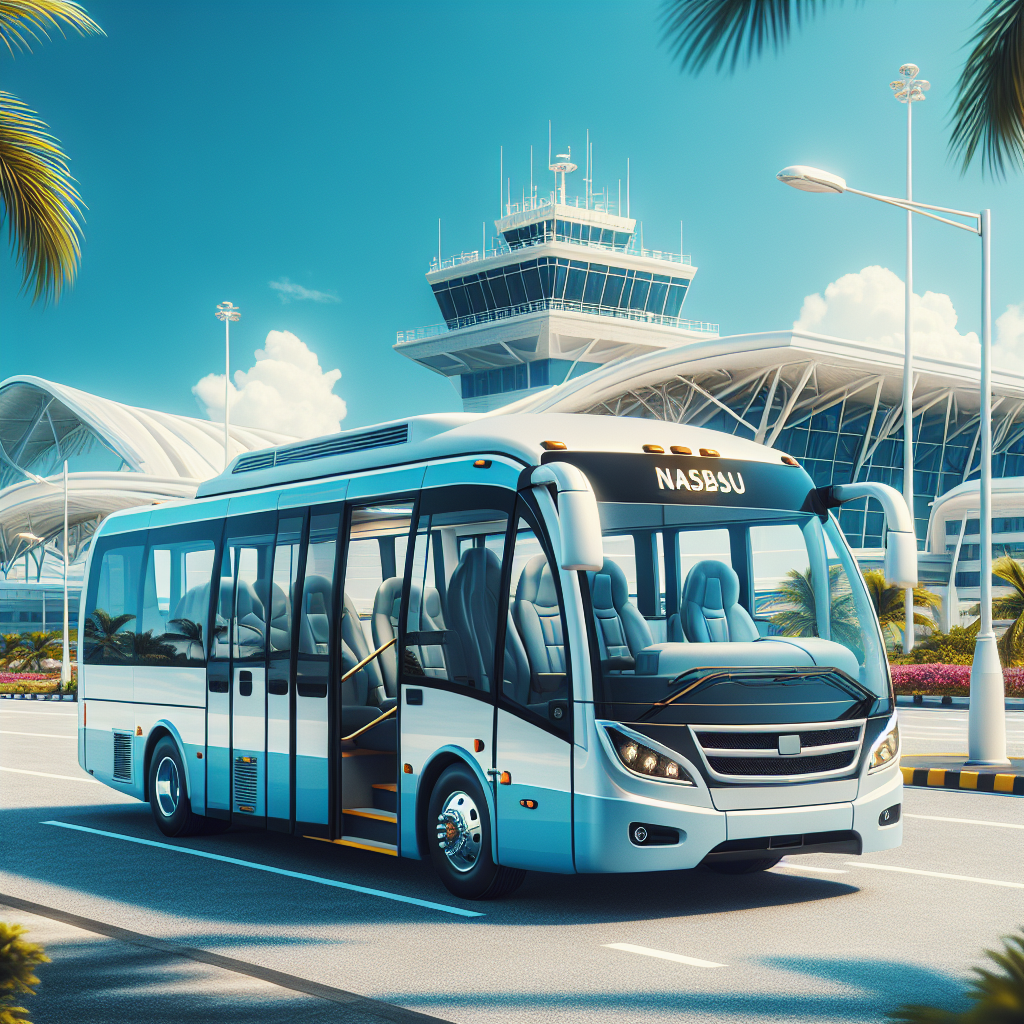 A modern shuttle bus parked outside Nassau Airport under clear blue skies.