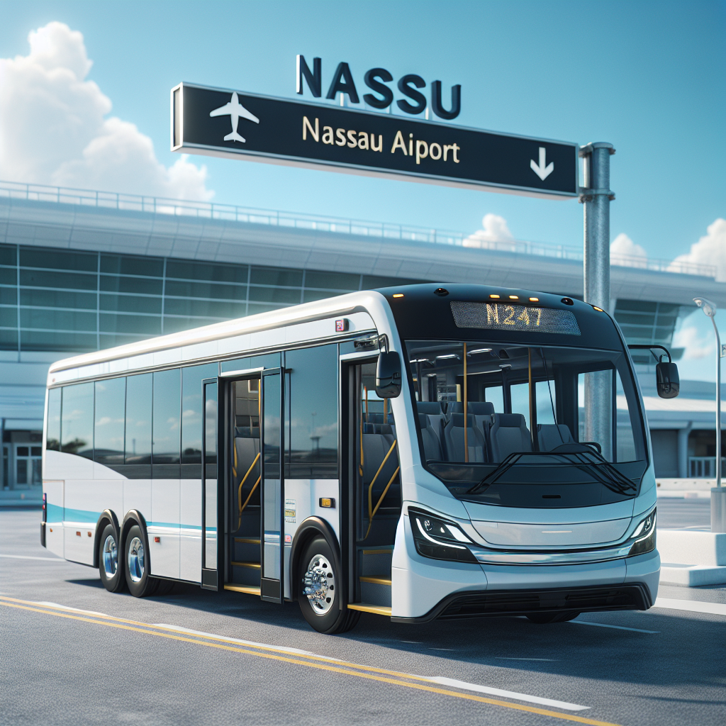 A modern Nassau Airport shuttle bus parked at the airport on a sunny day.