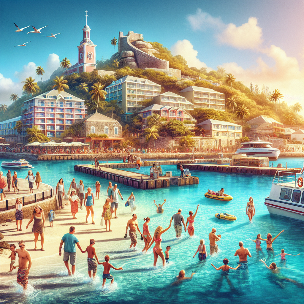 A vibrant depiction of Nassau cruise port with tourists and scenic views of Atlantis, Blue Lagoon, and historic landmarks.