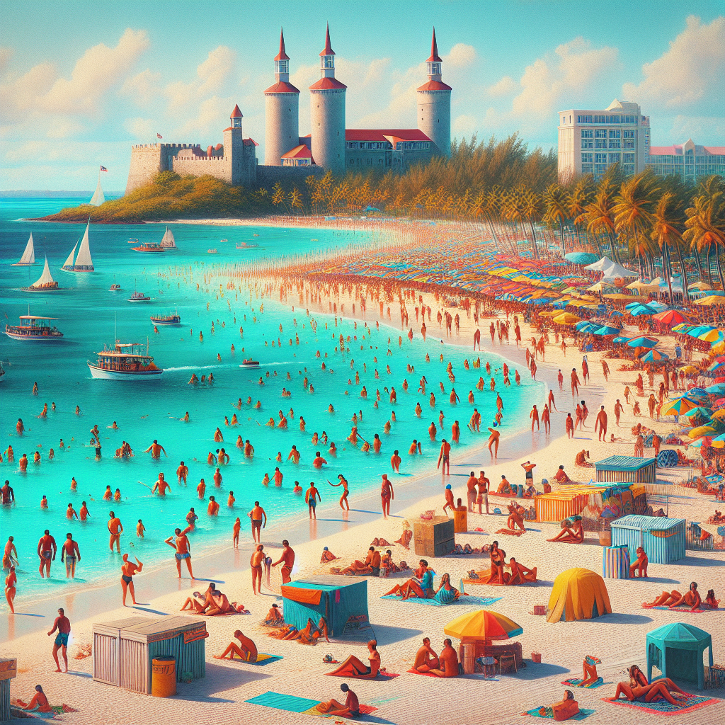 A lively Nassau beach scene with people, landmarks, and market stalls under warm sunlight.