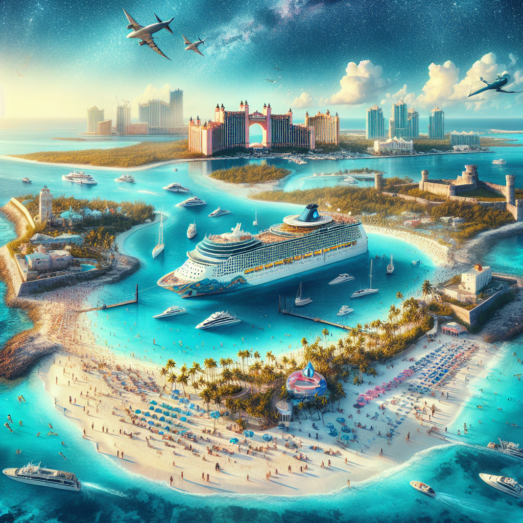 Nassau, Bahamas, featuring Atlantis Paradise Island, Queen's Staircase, Fort Fincastle, and Blue Lagoon Island beach.