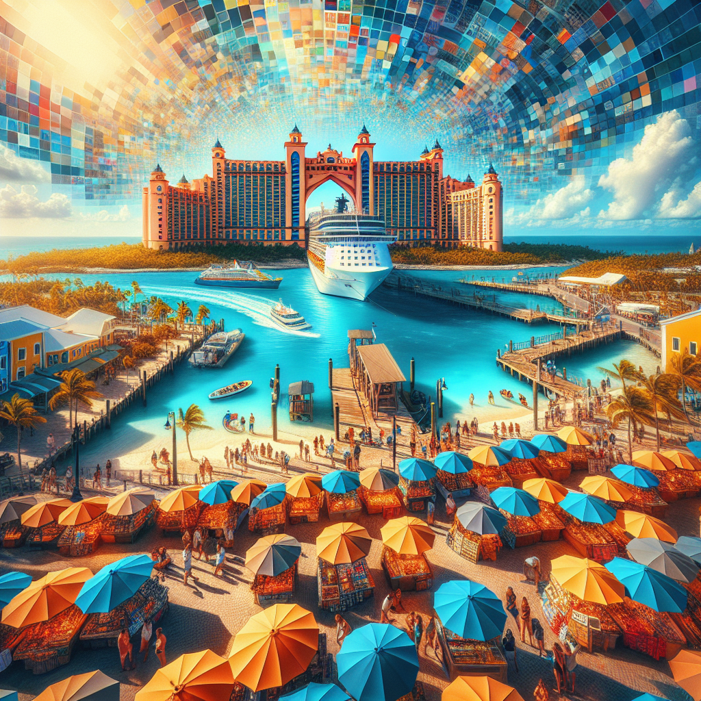 A realistic depiction of Nassau harbor with a cruise ship, Atlantis Paradise Island, and a bustling market.