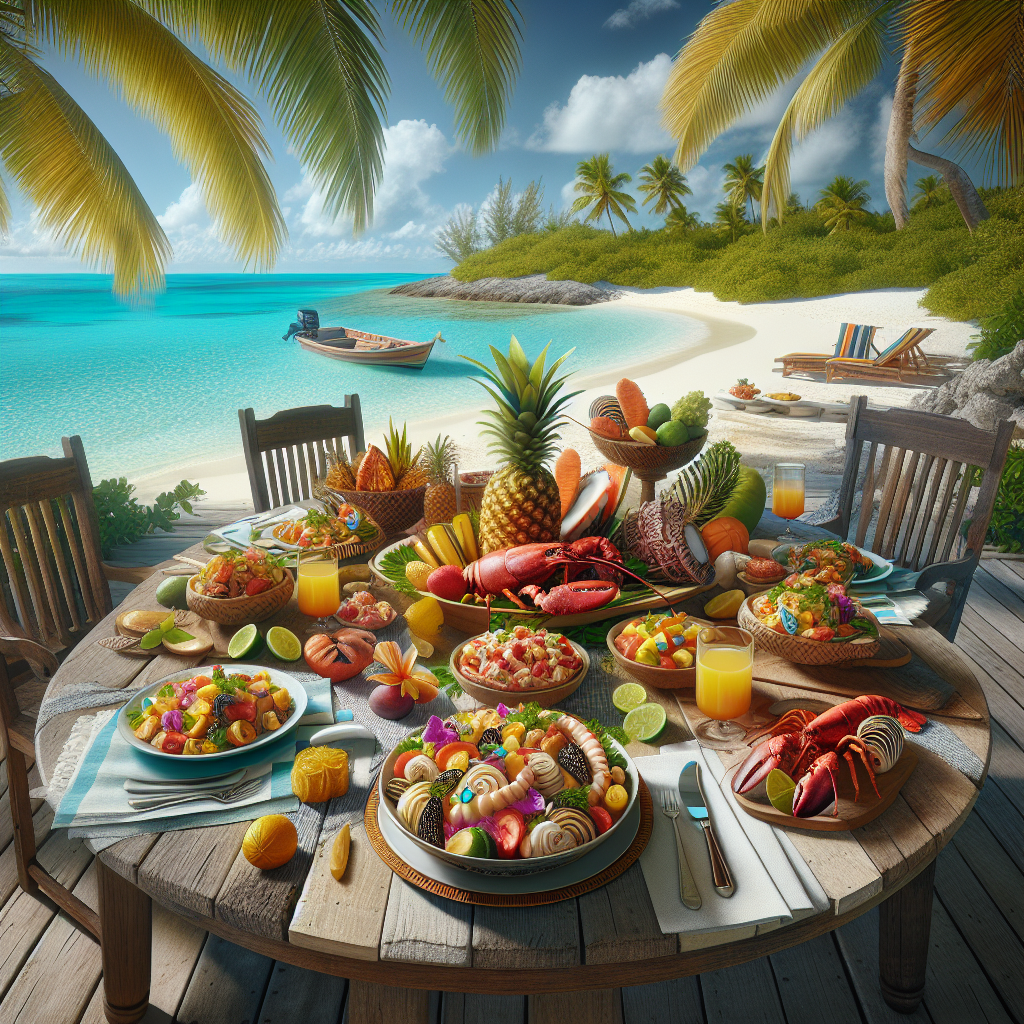 A realistic display of Bahamian cuisine including conch salad and Bahamian rock lobster on a beach with clear waters and palm trees.