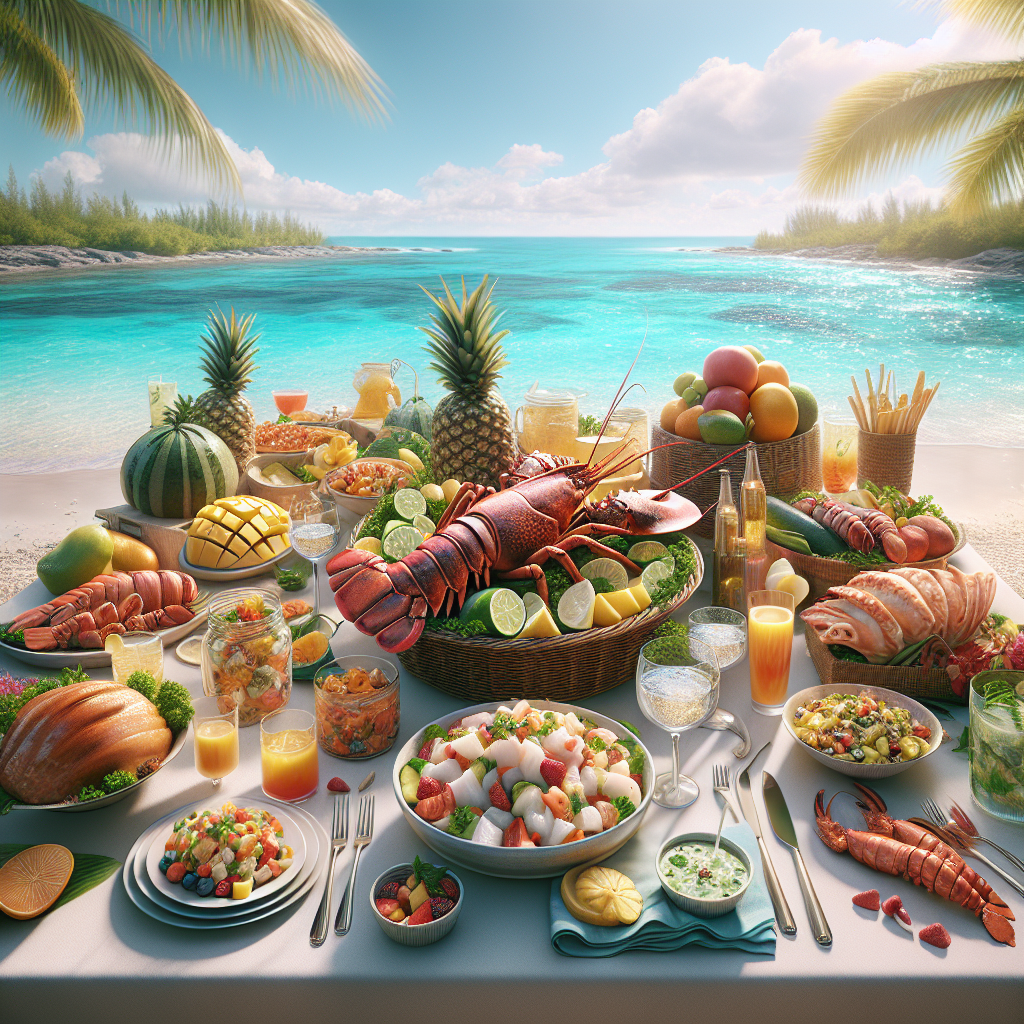A vibrant spread of Bahamian cuisine featuring conch salad, Bahamian rock lobster, and tropical fruits, set on a beach with clear waters.