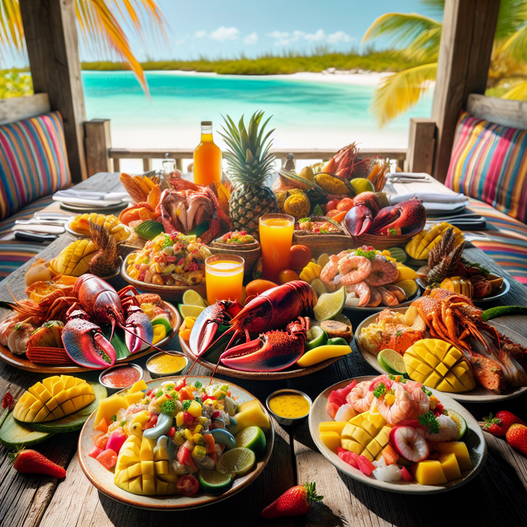 A realistic depiction of Bahamian cuisine including conch salad, Bahamian rock lobster, tropical fruits, and colorful spices.