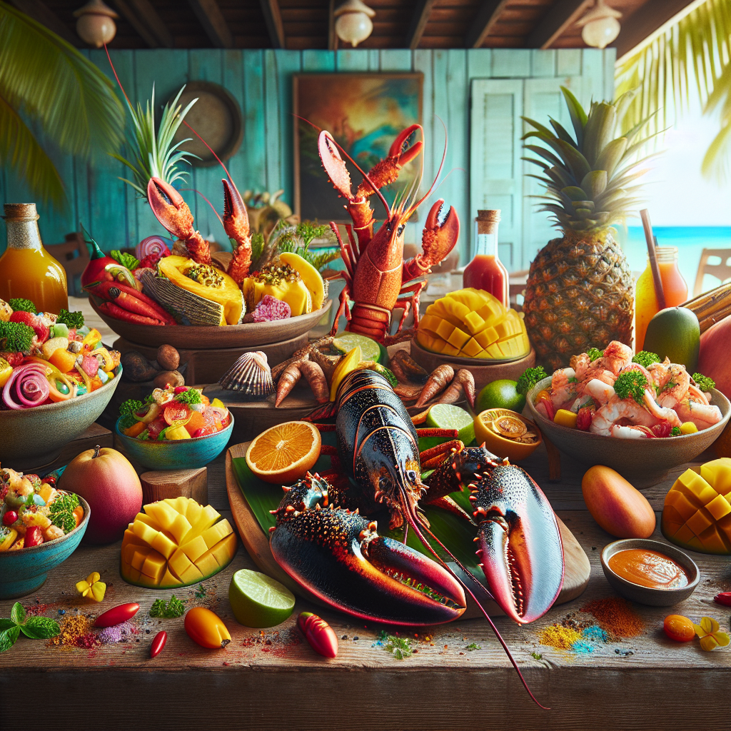 A realistic depiction of Bahamian cuisine with conch salad, grilled rock lobster, and tropical fruits on a wooden table.