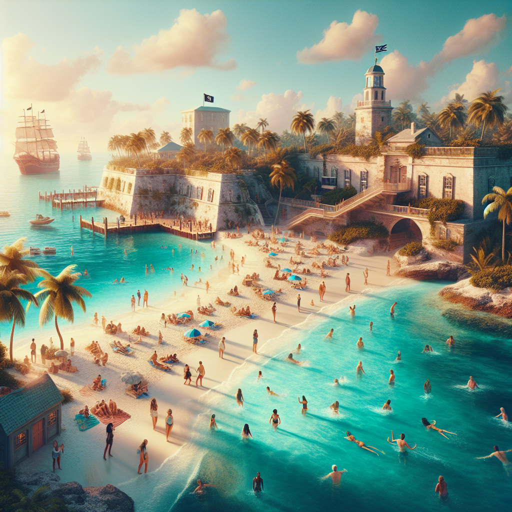 A realistic depiction of Nassau Paradise Island's beaches and historic landmarks.