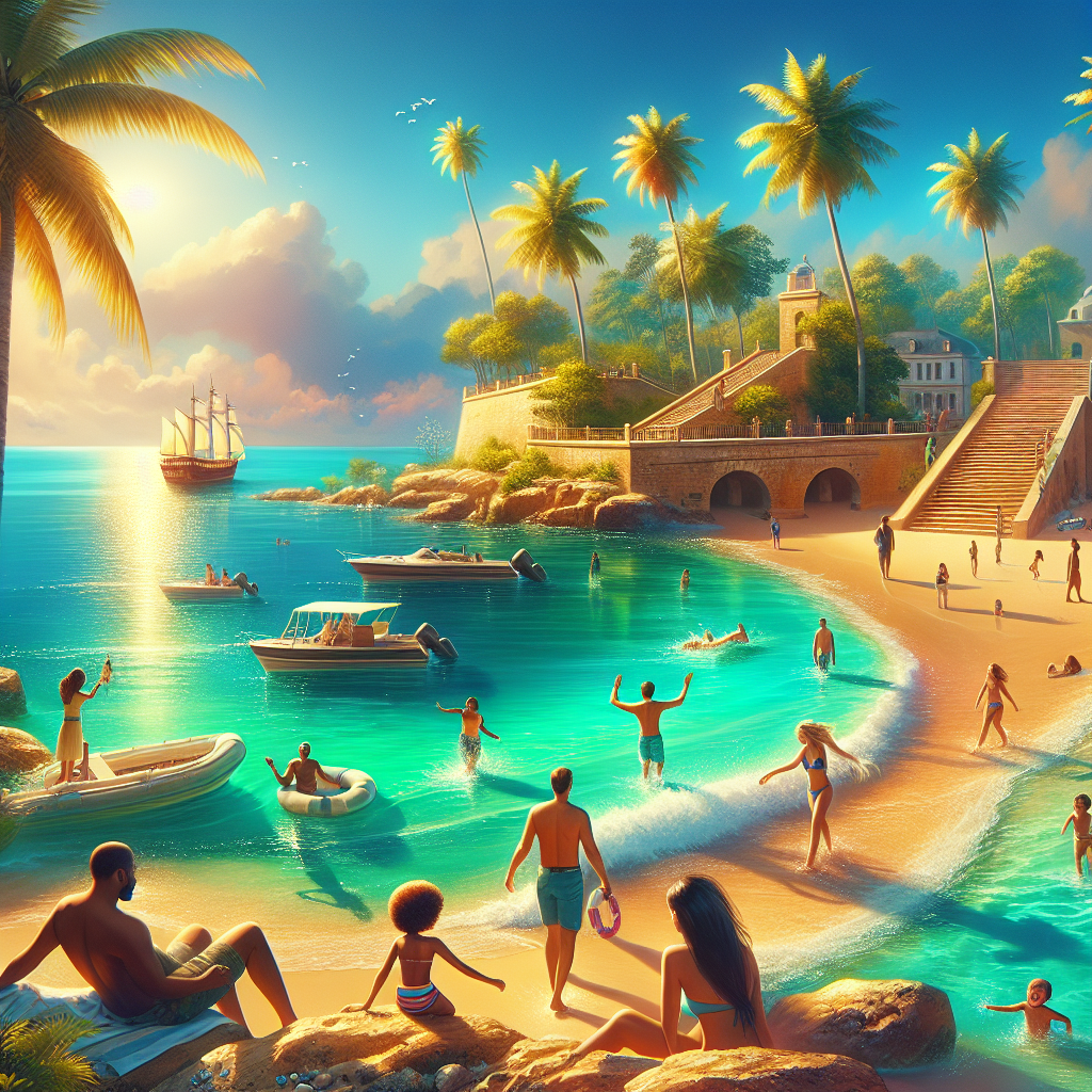 A picturesque beach scene on Nassau Paradise Island with golden sands, turquoise waters, palm trees, historical landmarks, and people enjoying beach activities.