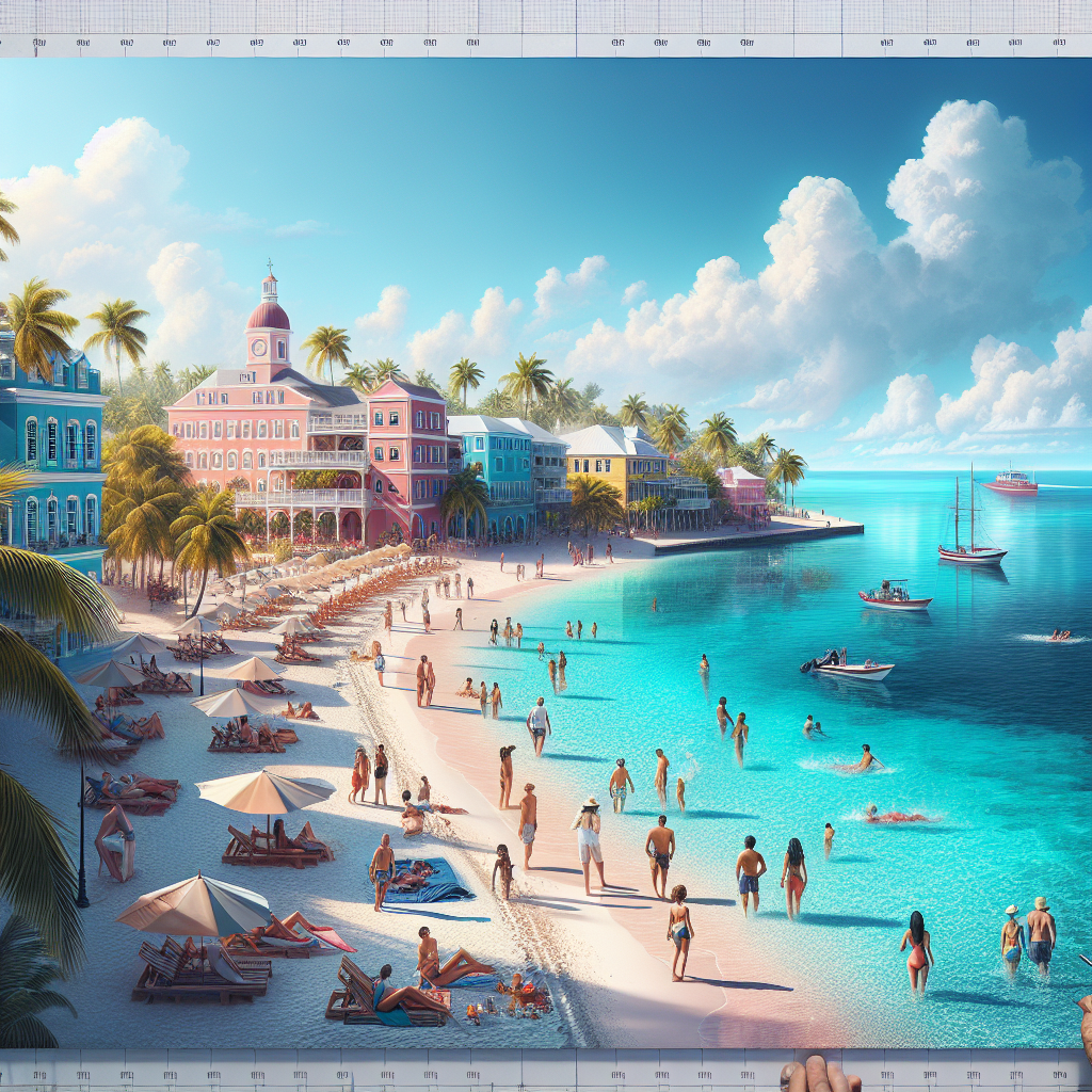 A serene beach scene in Nassau, featuring white sands, clear blue waters, and colonial architecture in the background.