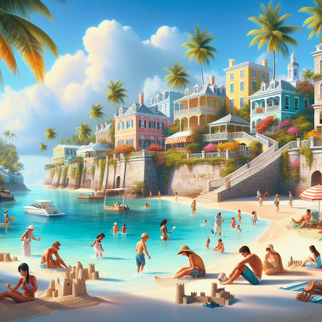 A beach in Nassau with white sands, clear waters, colonial architecture, and the Queen's Staircase.
