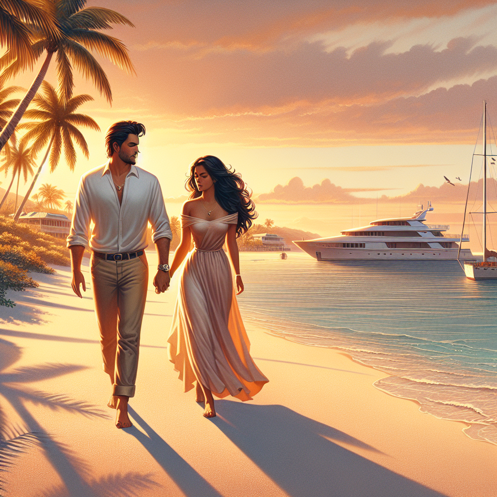 A romantic couple walking along the beach at sunset in Nassau, Bahamas.