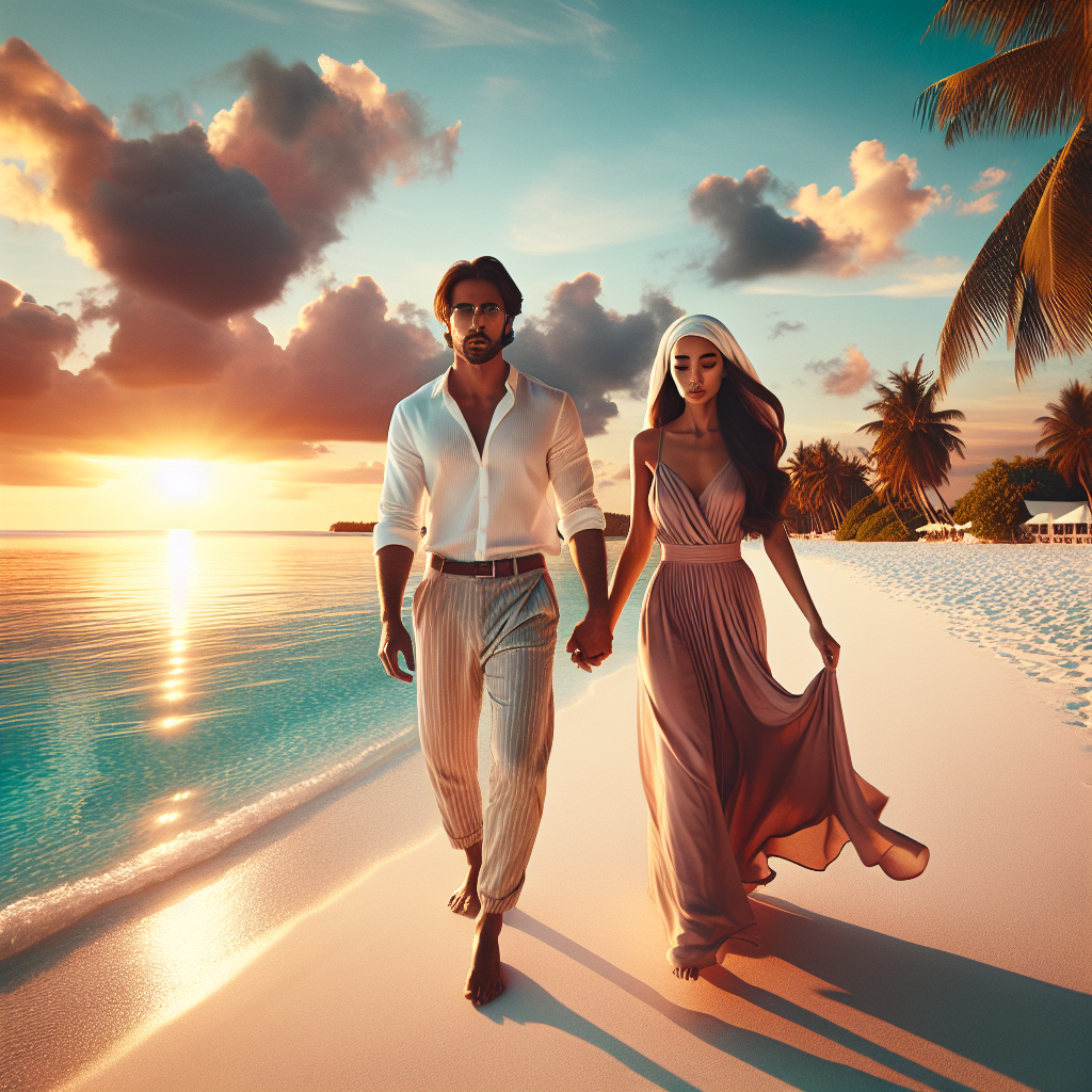 A romantic couple walking hand-in-hand on a beach in Nassau, Bahamas during a vibrant sunset.
