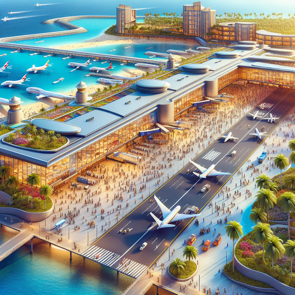Lynden Pindling International Airport with travelers and a distant view of Atlantis Paradise Island resort.