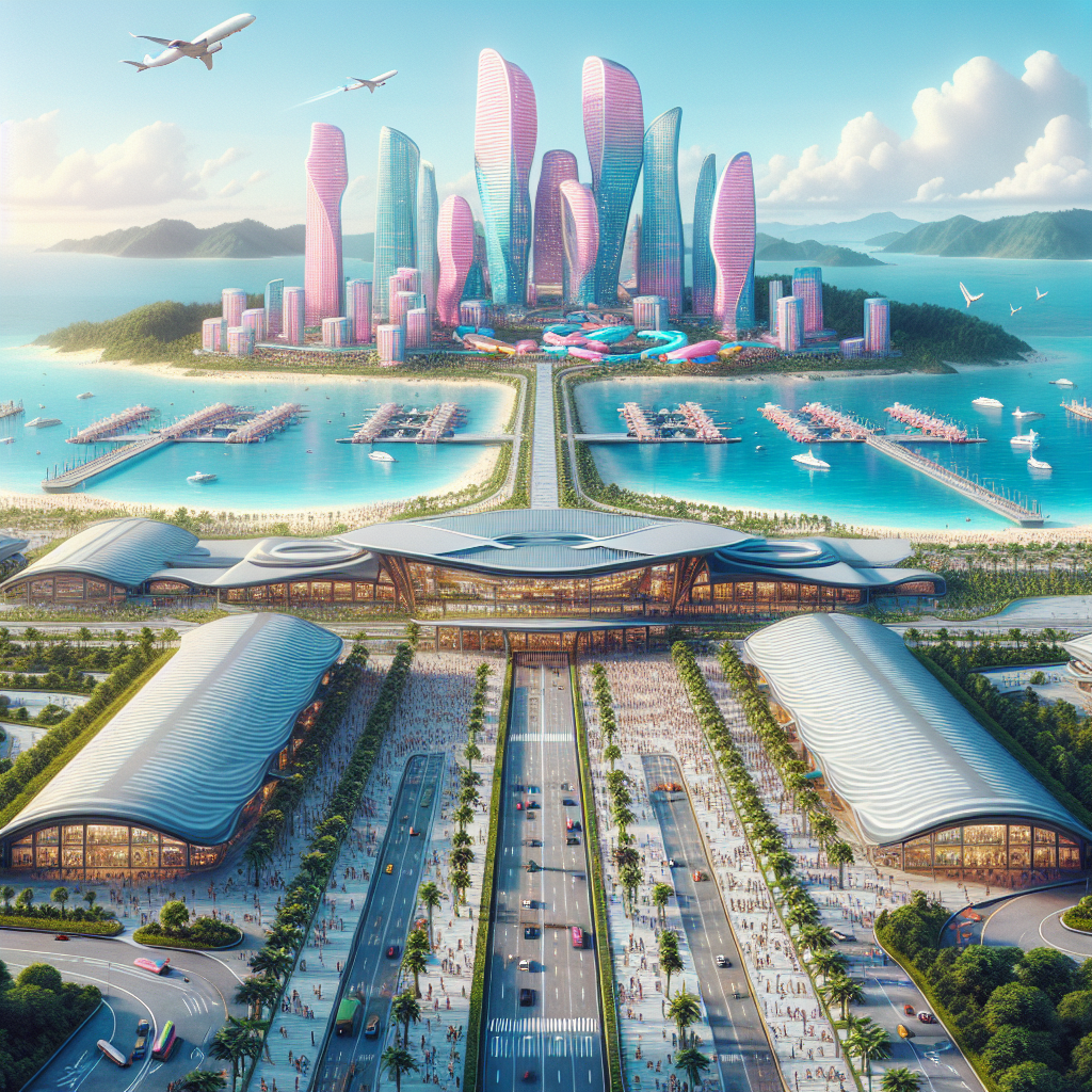 Realistic depiction of Nassau Airport with Atlantis Paradise Island resort in the background.