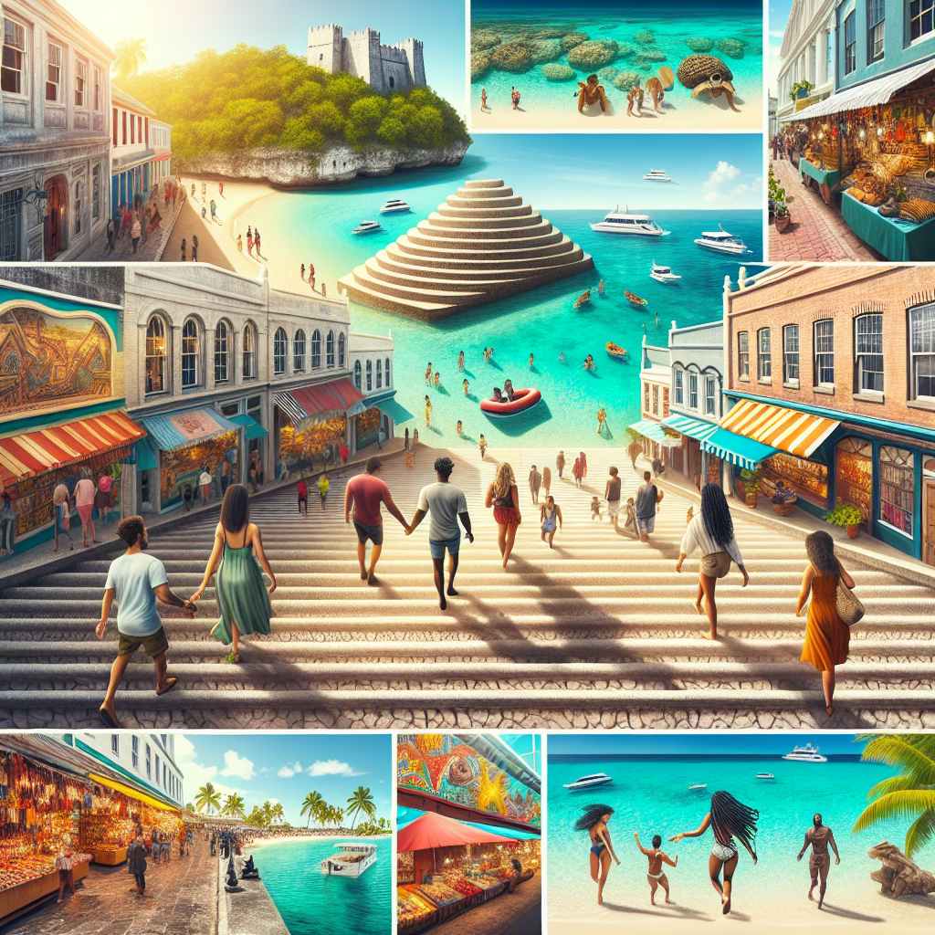 An affordable adventure in Nassau highlighting Queen's Staircase, Junkanoo Beach, Nassau Straw Market, and colorful downtown streets.