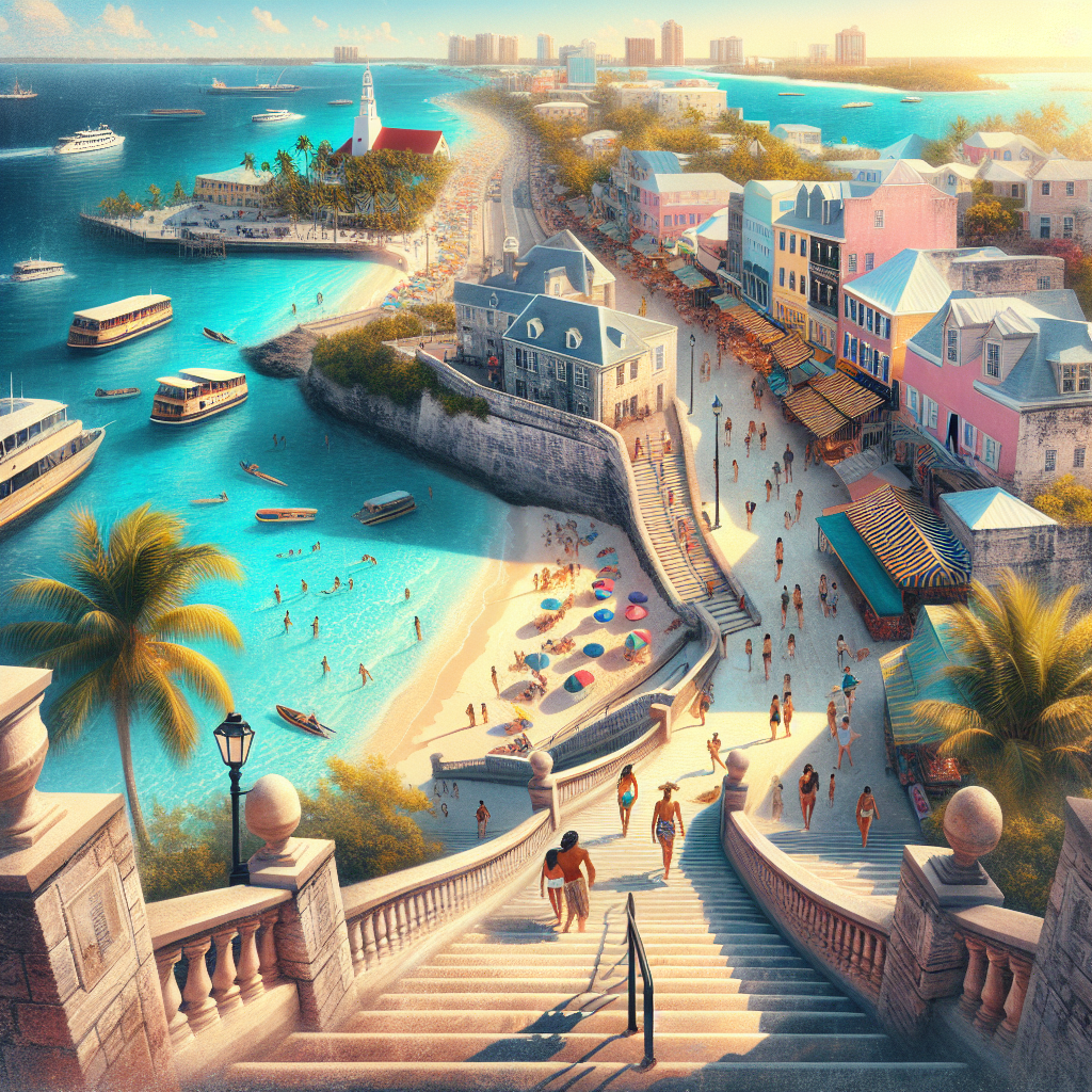 Realistic image depicting affordable activities in Nassau: Queen's Staircase, Junkanoo Beach, Nassau Straw Market, and vibrant downtown streets.