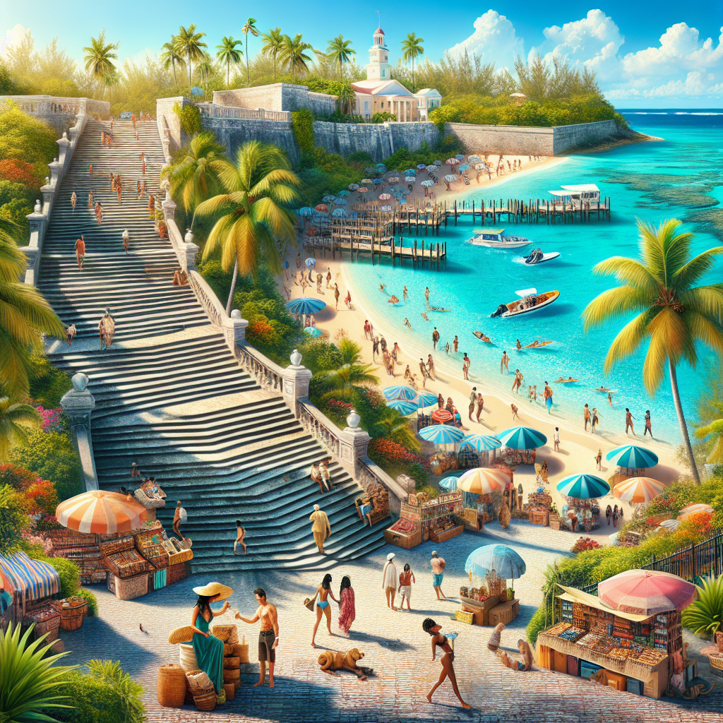 A realistic image of Nassau, the Bahamas, featuring Queen's Staircase, Junkanoo Beach, and Nassau Straw Market with vibrant activities.