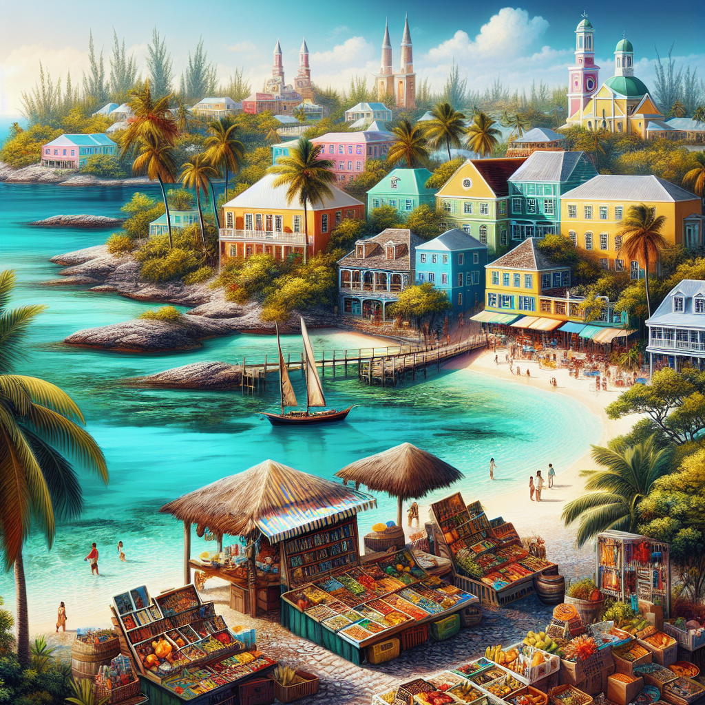 Vibrant landscape of Nassau, Bahamas with turquoise waters, sandy beaches, colonial architecture, and colorful markets.