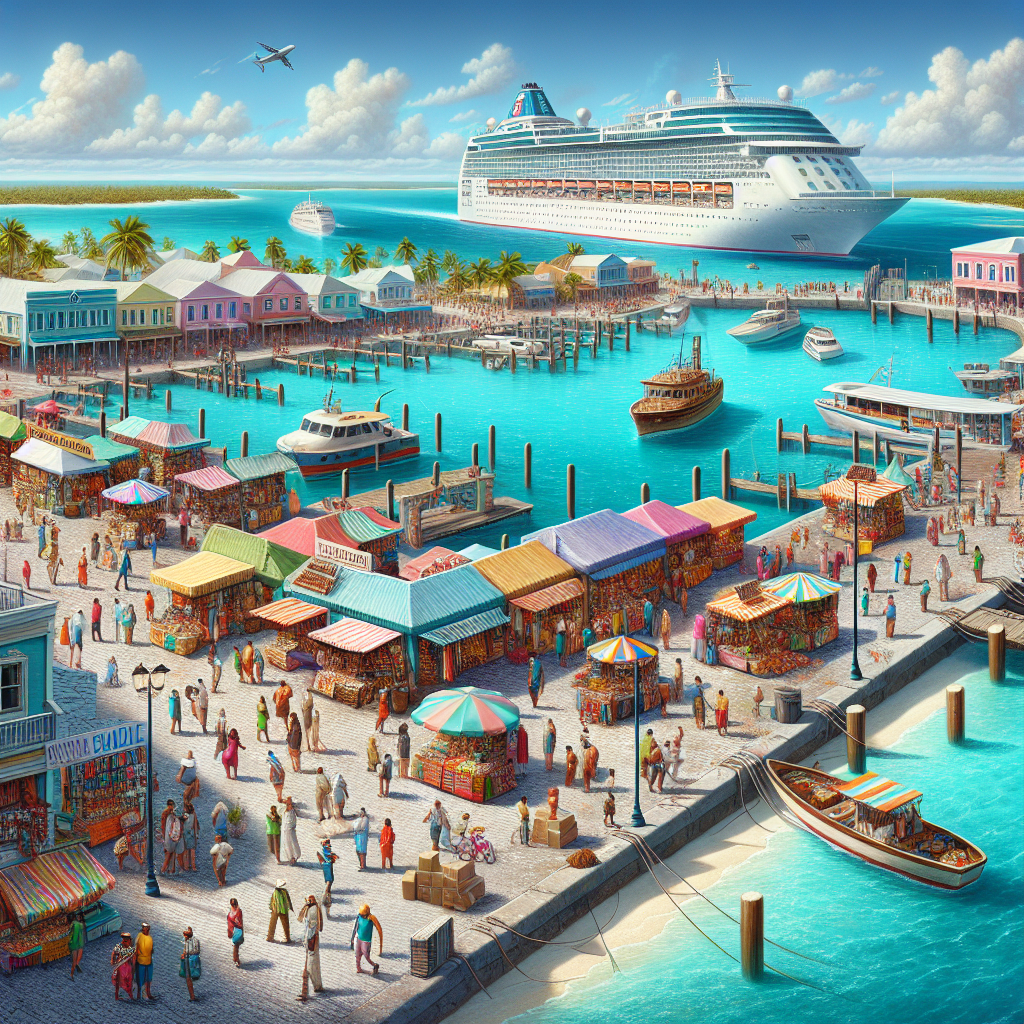 A realistic image of Nassau Bahamas Port, showcasing turquoise waters, white sandy beaches, and a bustling port area.