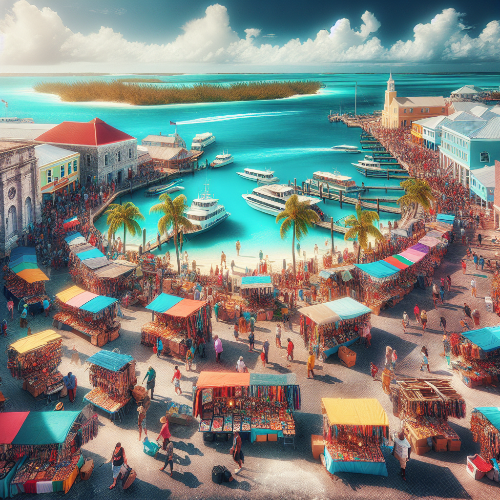A vibrant and bustling scene of Nassau Bahamas Port with local vendors and turquoise waters in the background.