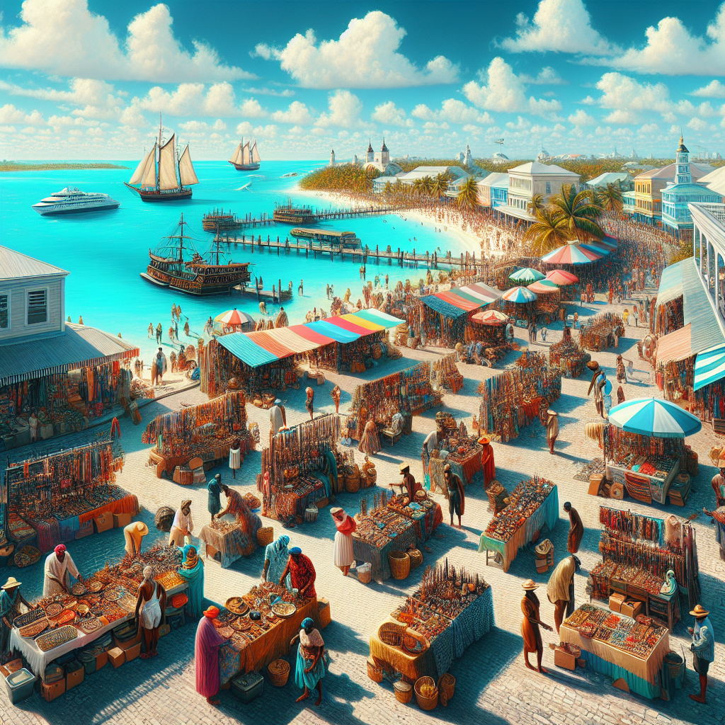 Realistic depiction of Nassau Bahamas Port with vibrant atmosphere, turquoise waters, and local vendors.