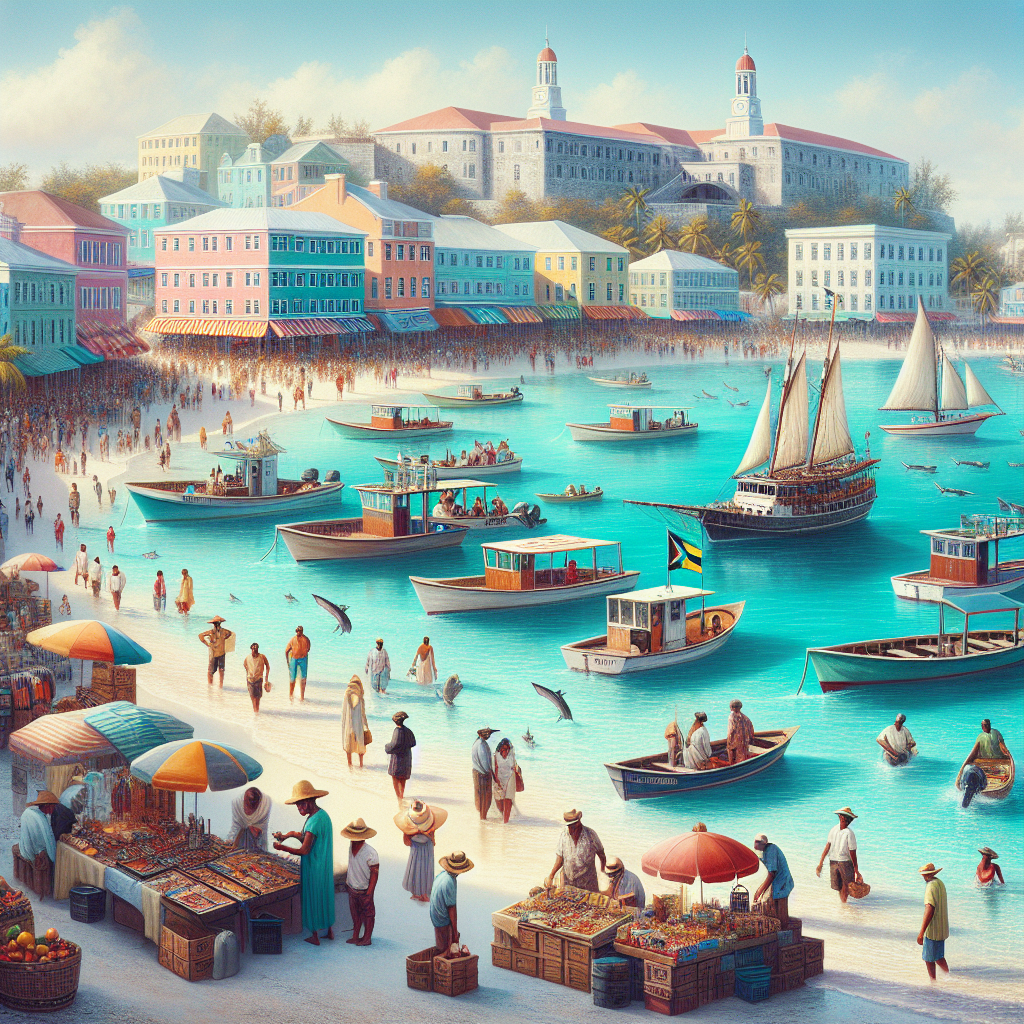 A vibrant and bustling Nassau Bahamas Port with turquoise waters, white sandy beaches, local vendors, and historic buildings.