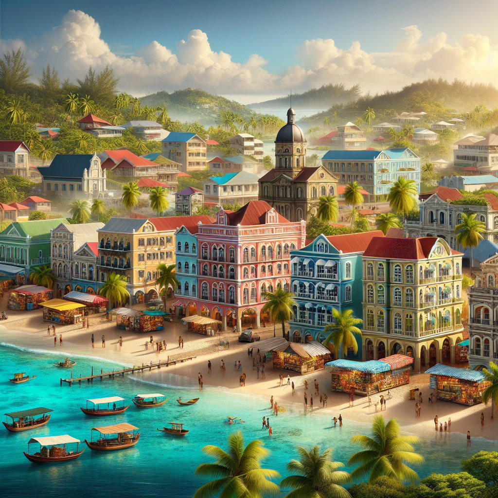 The vibrant cityscape of Nassau, Bahamas with colonial buildings, markets, locals, turquoise waters, and beautiful beaches.
