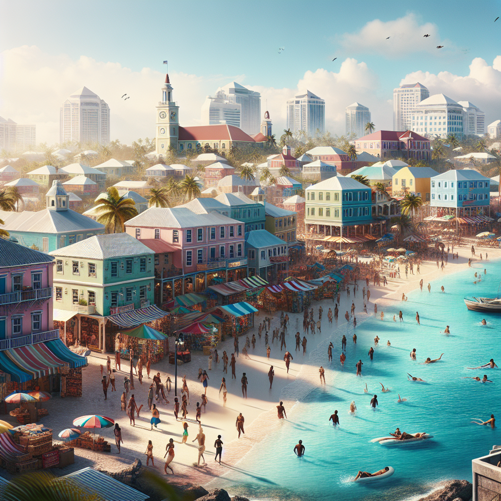 A realistic scene of Nassau Bahamas with colonial architecture, bustling markets, turquoise waters, and beautiful beaches.