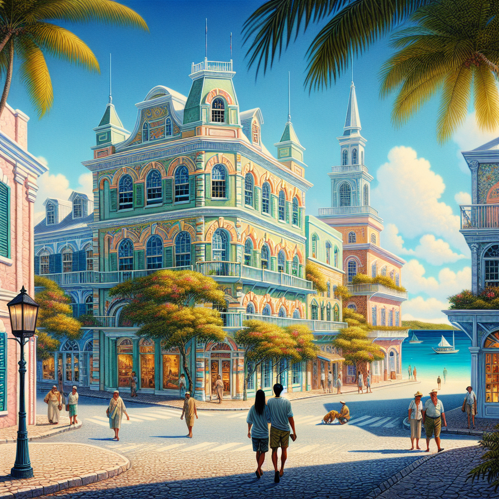 A realistic depiction of streets in Nassau, Bahamas, filled with pastel-colored buildings and clear Caribbean waters in the background.