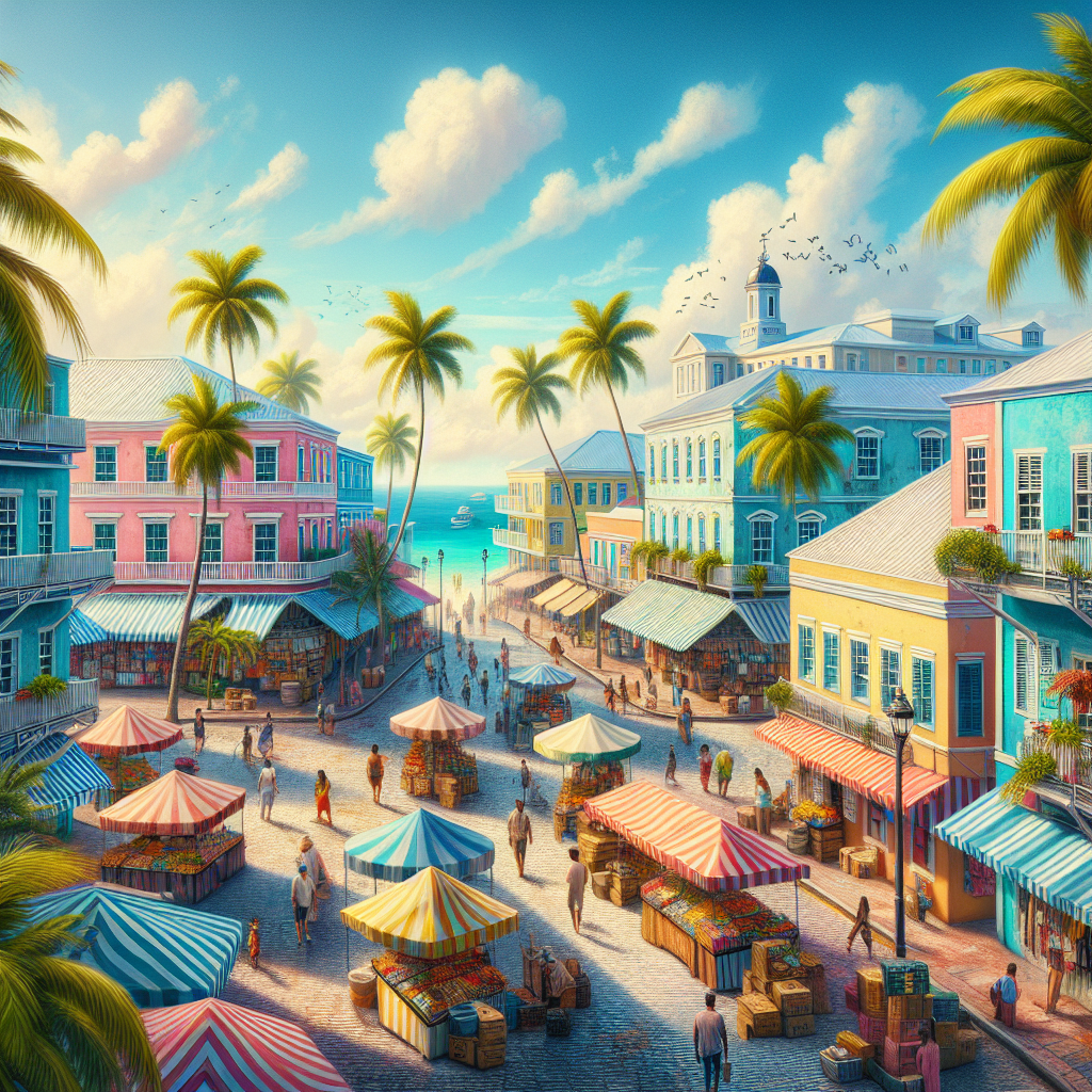 A realistic image of Nassau, Bahamas with pastel-colored buildings, palm trees, and a bustling marketplace.