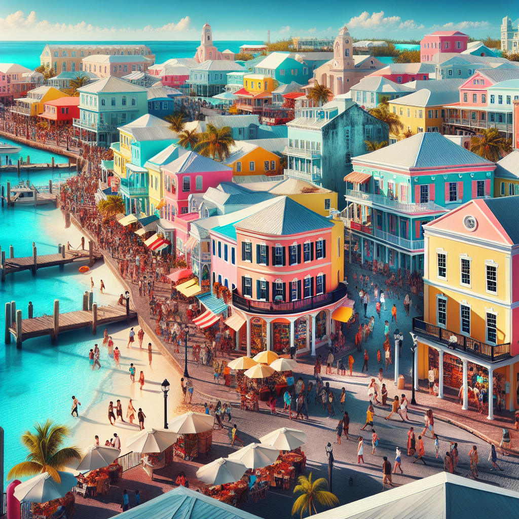 A vibrant depiction of Nassau, Bahamas, showcasing pastel-colored buildings and bustling marketplaces near pristine beaches.