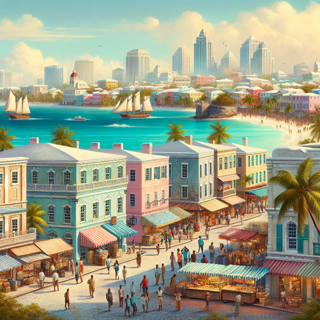 Street view of Nassau, Bahamas with pastel-colored colonial buildings, beaches in the background, and bustling market activity.