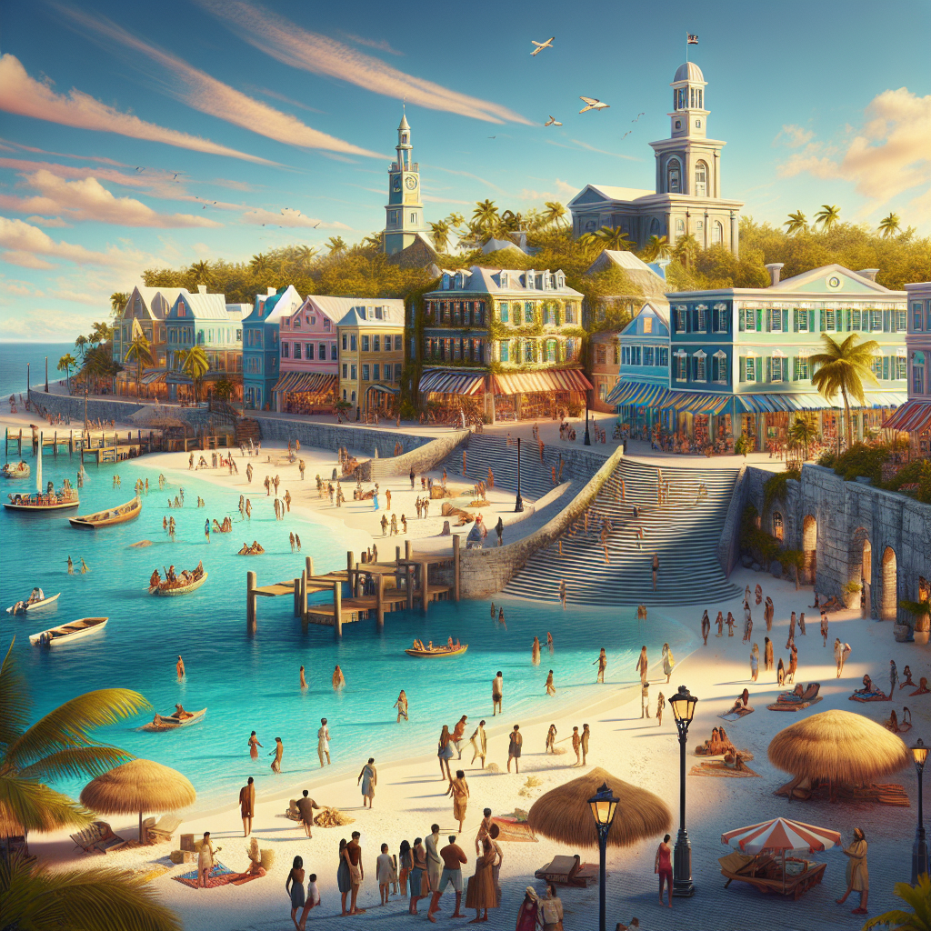 A realistic image of Nassau, Bahamas featuring colonial architecture, markets, beaches, and iconic locations.