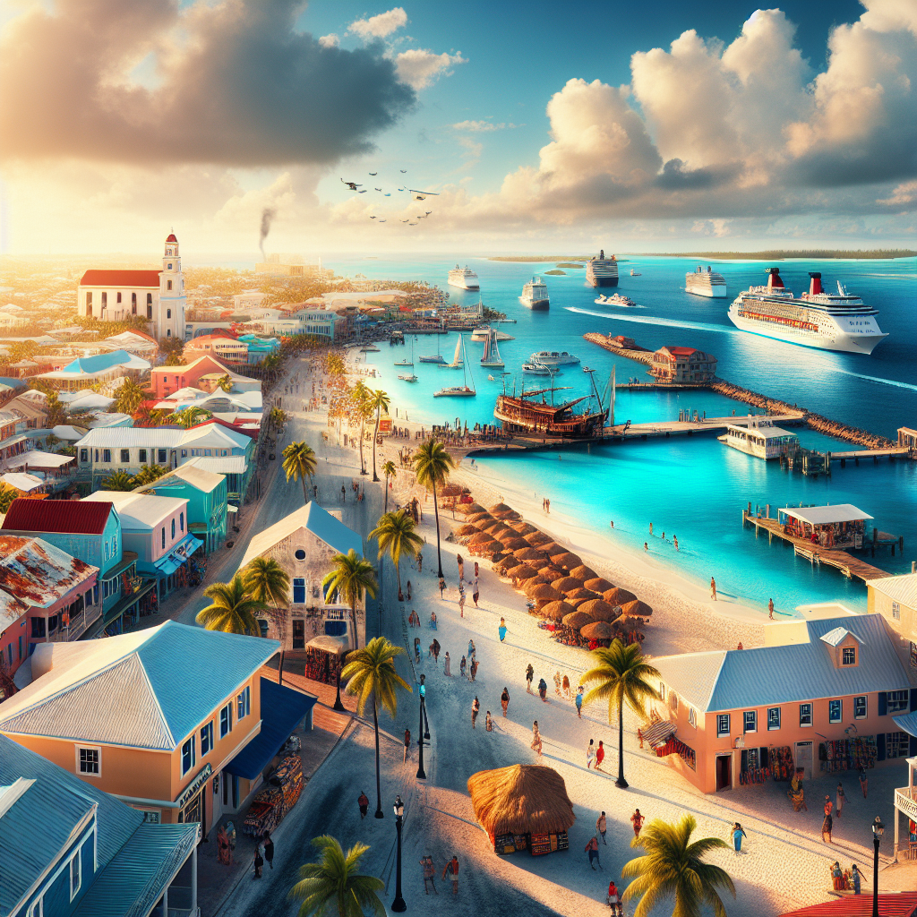 A realistic depiction of Nassau, Bahamas, showcasing beaches, colonial architecture, and vibrant local culture.