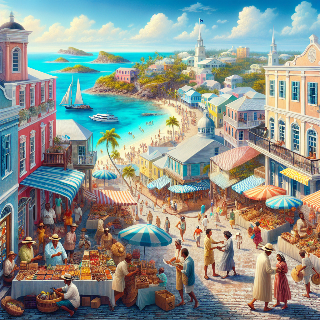 A vibrant cityscape of Nassau, Bahamas with colonial architecture, markets, and coastline.