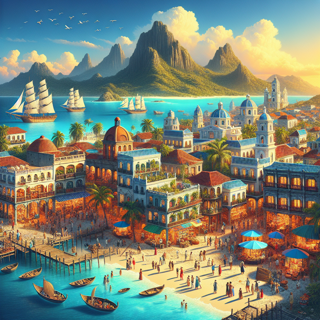 A lively cityscape of Nassau, Bahamas with colonial architecture, colorful streets, markets, and beaches