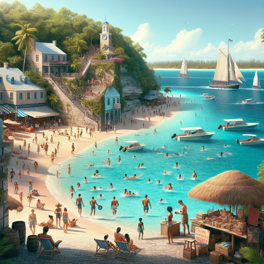 Realistic depiction of free activities in Nassau including Cable Beach, Queen's Staircase, and Nassau Straw Market.