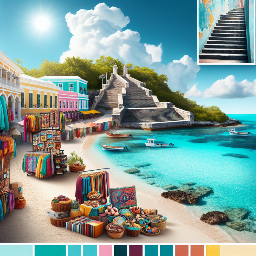 A realistic image of a pristine beach, the Queen's Staircase, and the Nassau Straw Market in Nassau, the Bahamas.