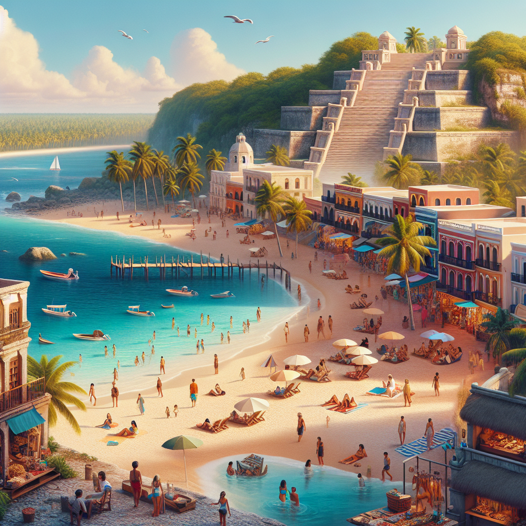 A realistic depiction of Nassau's free activities, including Cable Beach, Queen's Staircase, and the Nassau Straw Market.