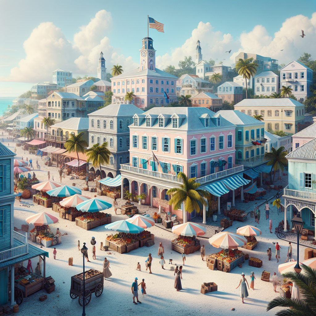 A realistic depiction of Nassau, featuring pastel-colored colonial buildings, bustling markets, and stunning beaches.
