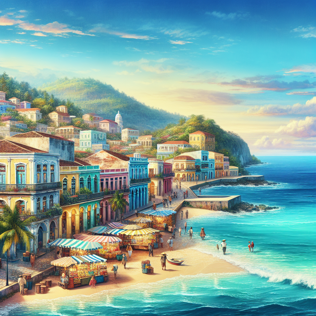 A realistic depiction of Nassau with Colonial architecture, pastel-colored buildings, bustling local markets, and a beach with clear water and white sand.